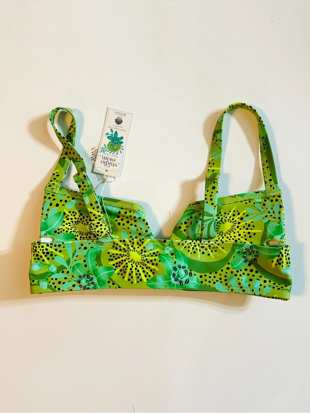 Studio Swim Kiwi Elba Bikini Top Green Tropical V Cut Notch Large NWT